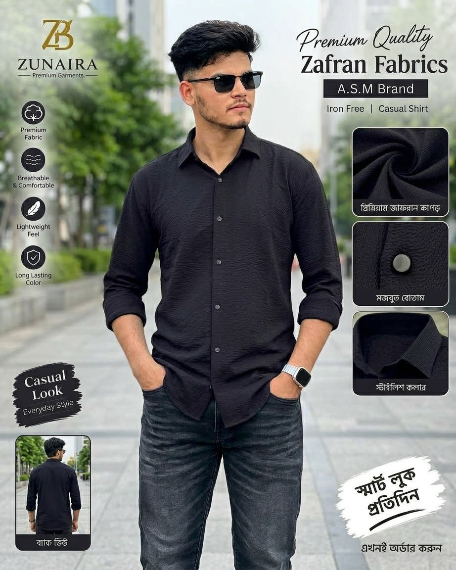 ব্লাক কালার প্রিমিয়াম জাফরান শার্ট  M-L-XL-XXL-XXXL  Size Available (501 code)