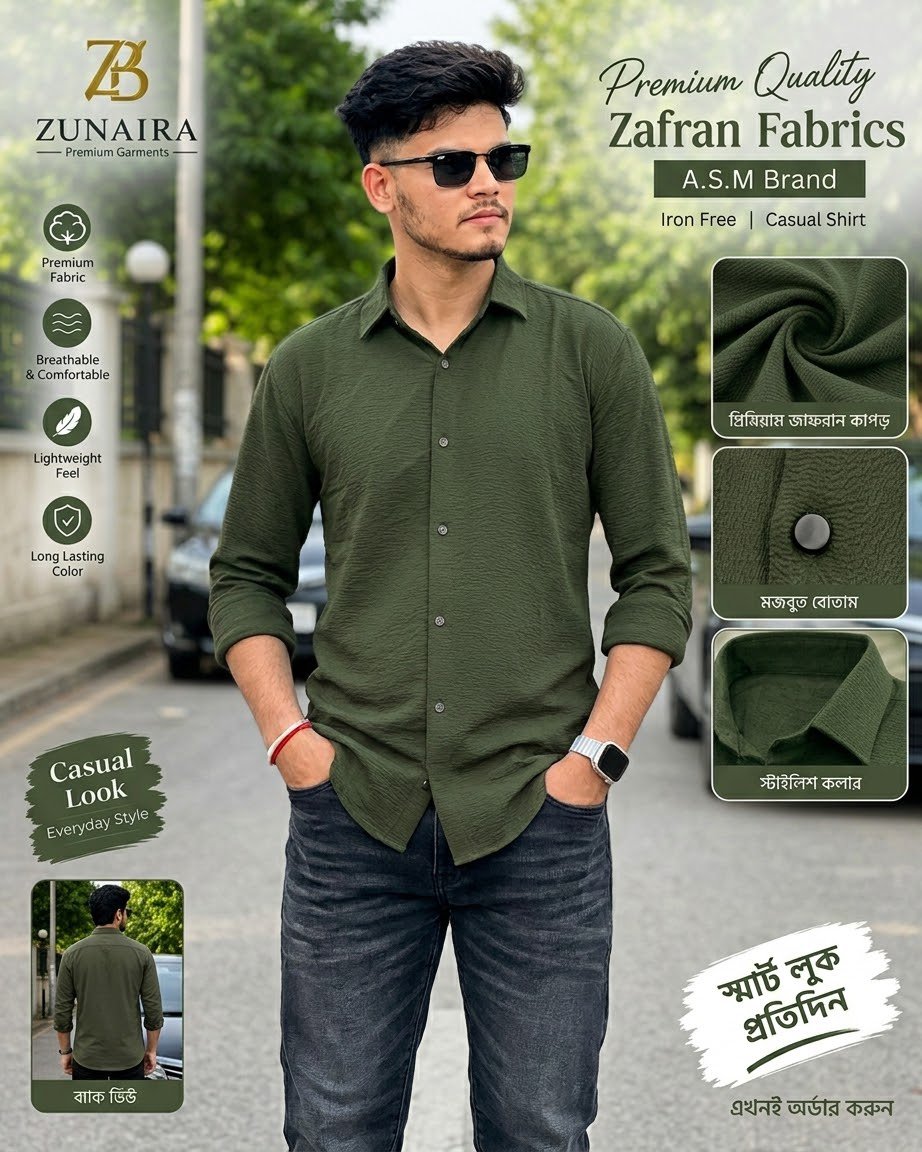 ওলিভ গ্রীন কালার প্রিমিয়াম জাফরান শার্ট  M-38 L-40 -XL42 - XXL44-XXXL46  Size Available (506 code)