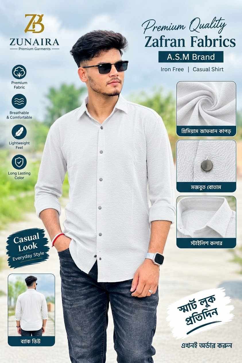 পিউর হোয়াইট কালার প্রিমিয়াম জাফরান শার্ট  M-L-XL-XXL-XXXL  Size Available (505 code)